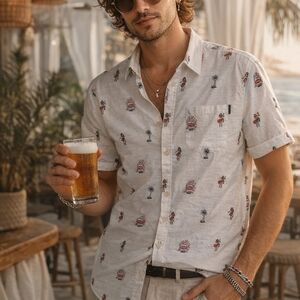 Unisex🌴STEELTOWN GARAGE🌴"The Hula Shirt" White Printed COTTON Shirt Sz M/L